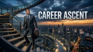 A professional man in a suit carrying a briefcase walking up a modern spiral staircase overlooking a glowing city skyline at sunset, with the text Career Ascent overlaid.