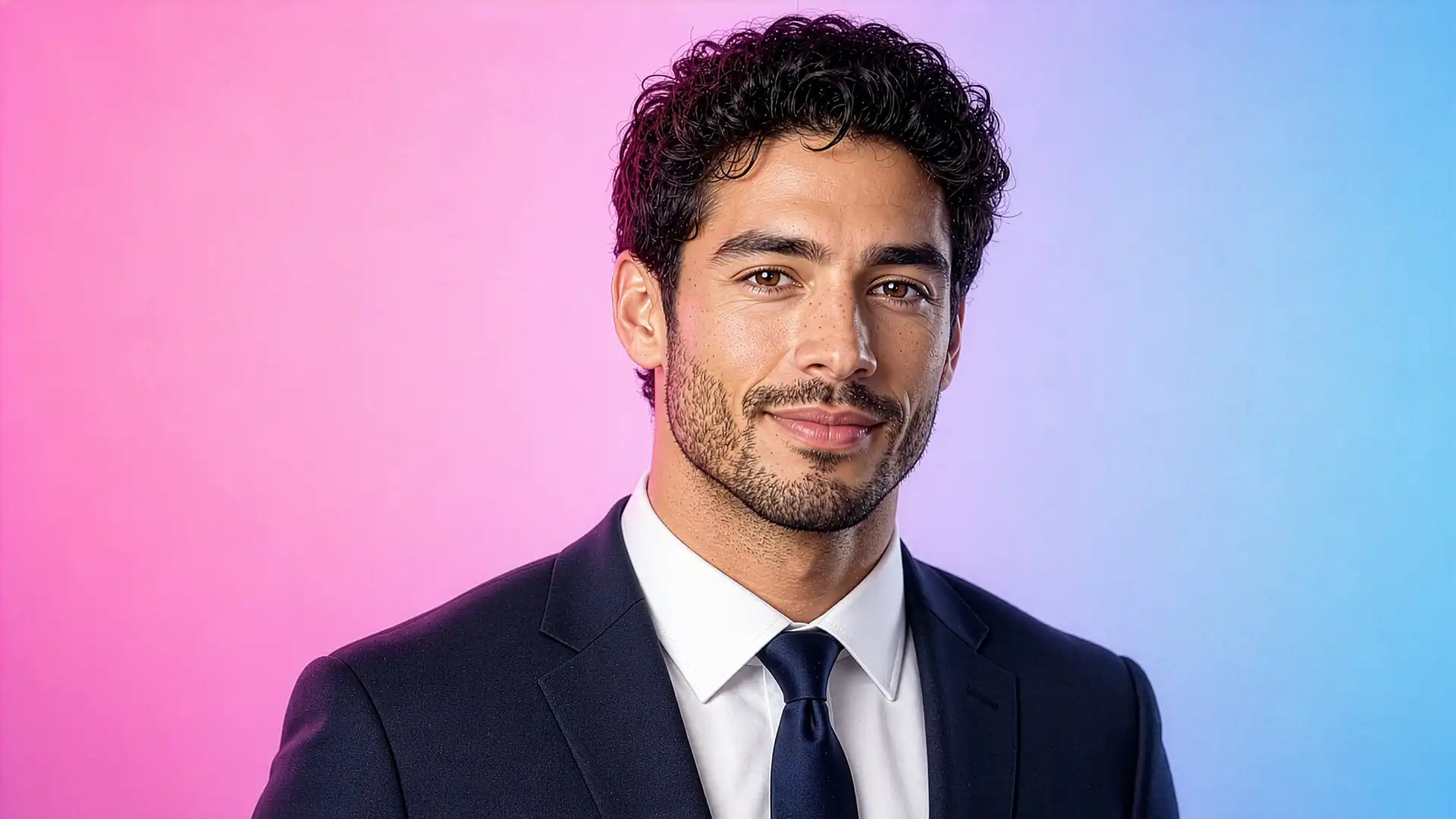 Professional coach smiling against a pink and blue background for nRecovery personal development services