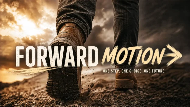 A person walking forward in rugged boots on a dirt path, symbolizing progress and the Forward Motion personal development course at nRecovery.