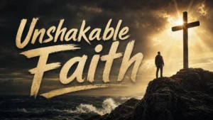 A person standing on a rocky cliff overlooking a stormy sea, gazing at a glowing cross against a sunlit sky, representing resilience and spiritual strength.