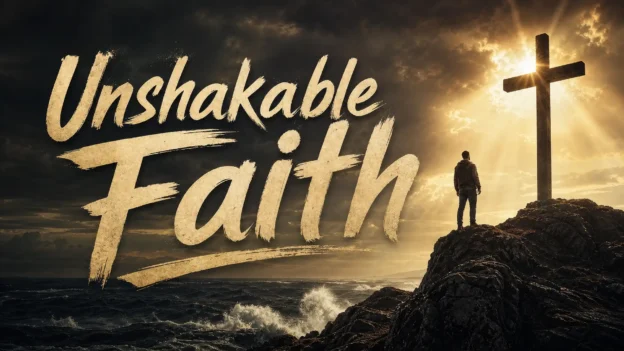 A person standing on a rocky cliff overlooking a stormy sea, gazing at a glowing cross against a sunlit sky, representing resilience and spiritual strength.
