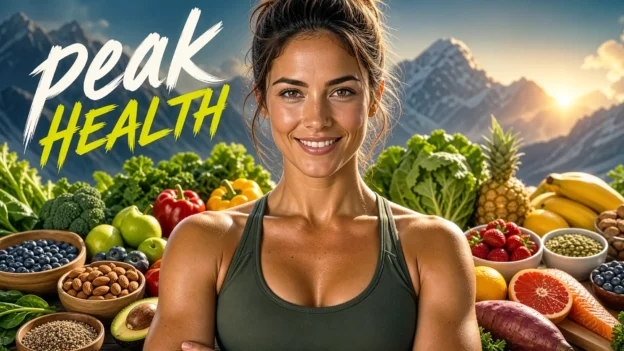 A smiling, fit woman in athletic wear surrounded by a variety of fresh, healthy whole foods like fruits, vegetables, and nuts, with a mountain landscape in the background.