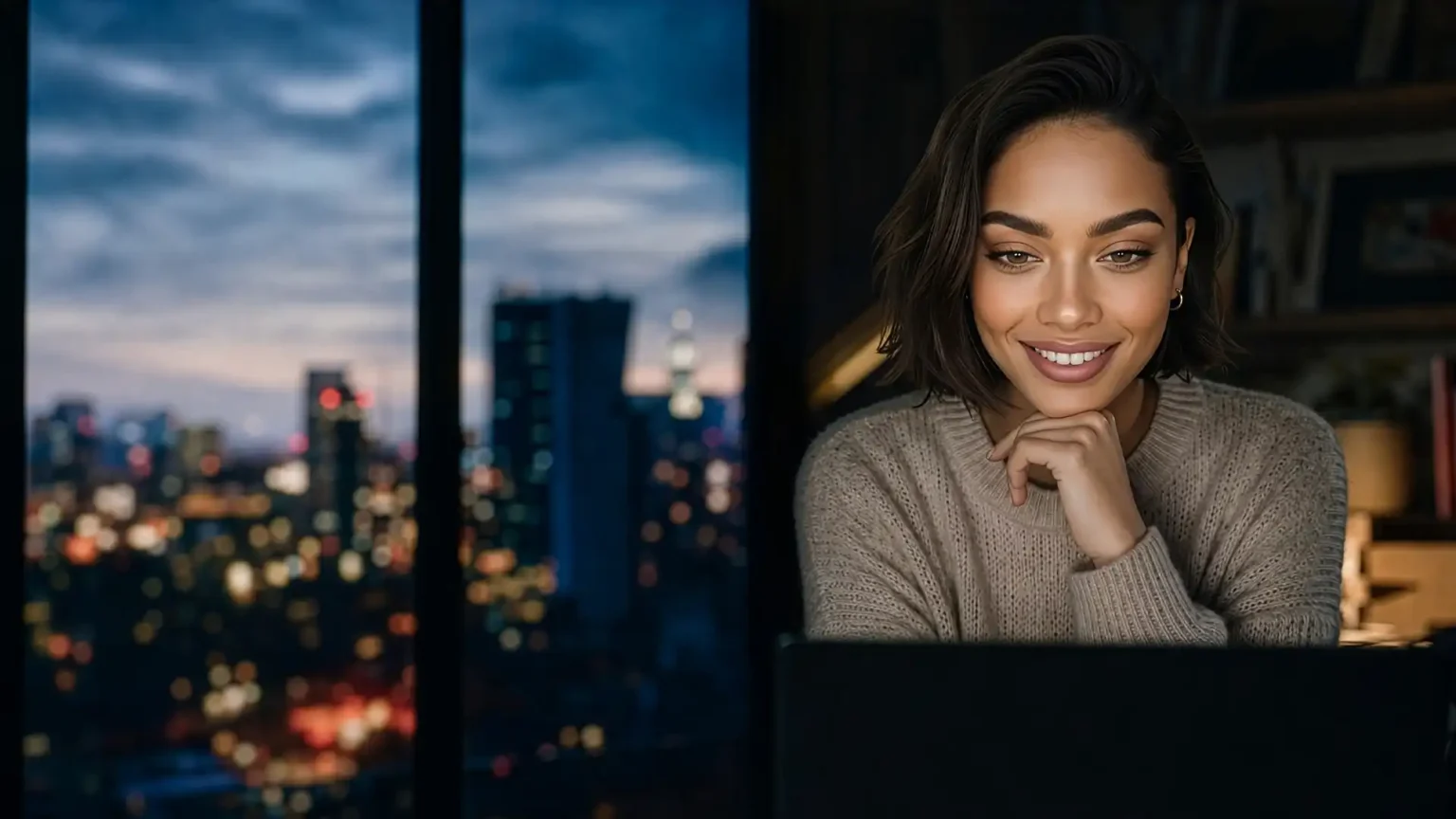 A smiling woman using a laptop in a cozy, dimly lit room at night with a city skyline in the background, representing nRecovery's accessible personal development support