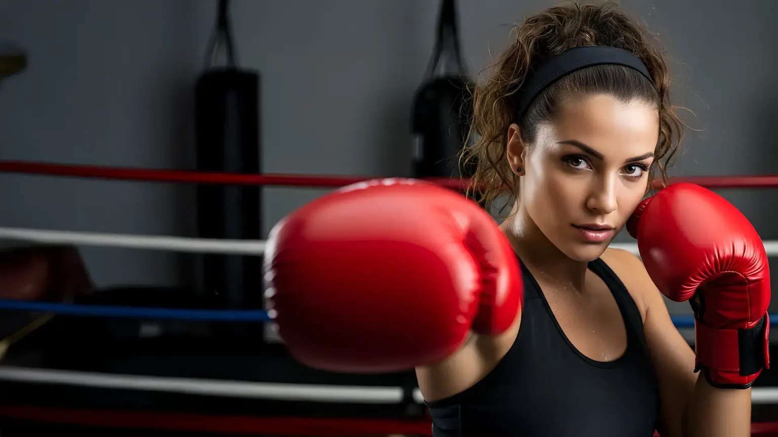 A determined woman in boxing gloves in a ring, symbolizing strength and overcoming obstacles in recovery.