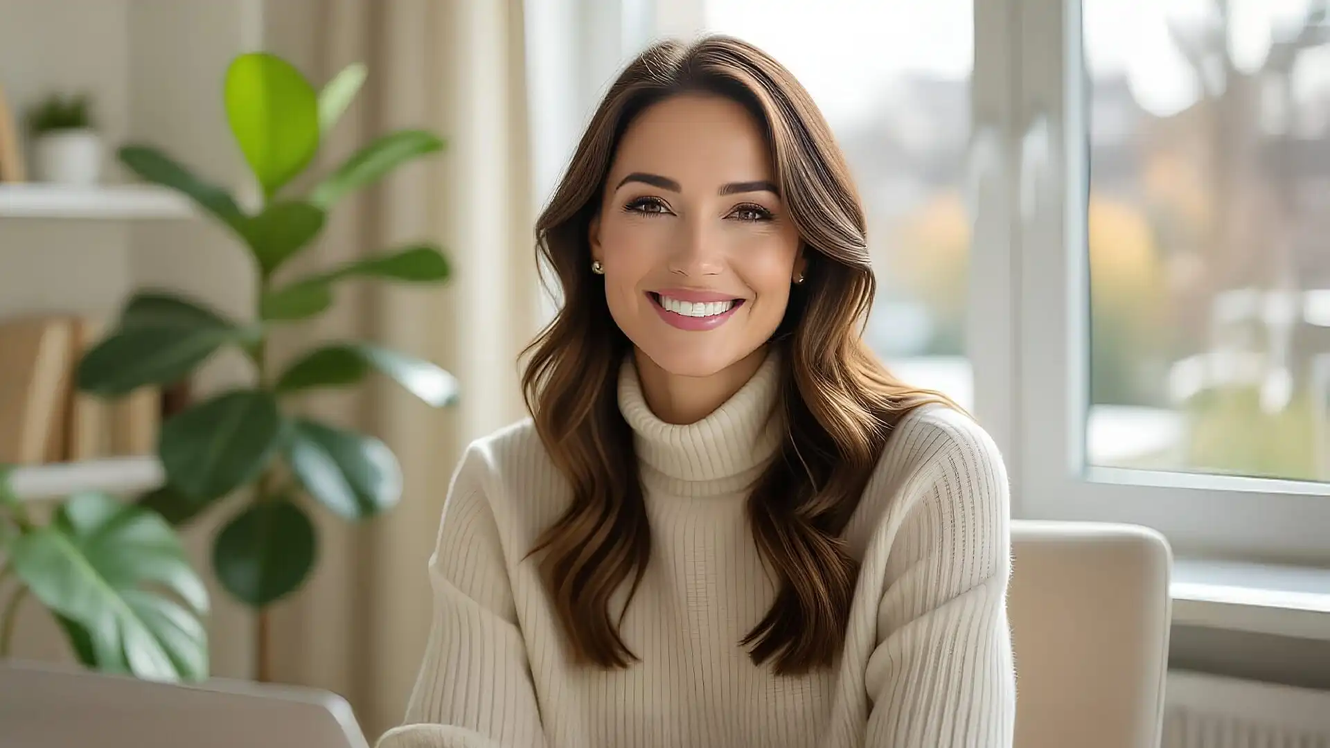A smiling woman in a cream turtleneck sitting in a bright home office, representing the clarity and confidence found through nRecovery's personal development programs.