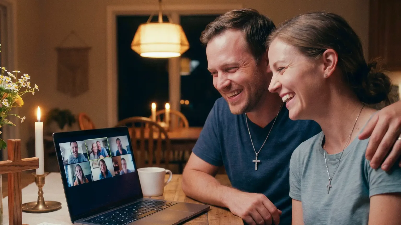 A happy couple laughing while participating in an online community support group video call on their laptop in a cozy home setting.