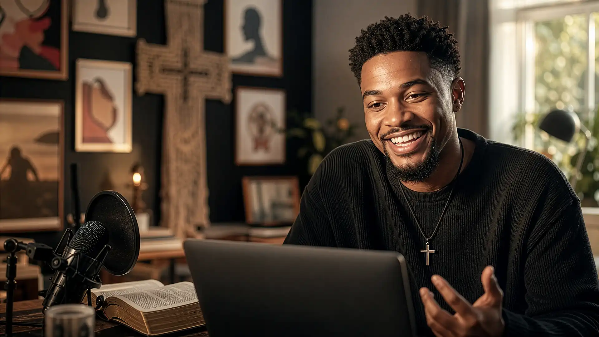 A smiling young Black man wearing a cross necklace participates in an online faith-based coaching session on his laptop, sitting at a desk with a Bible and microphone in a home studio decorated with a cross, representing the nRecovery personal development platform.