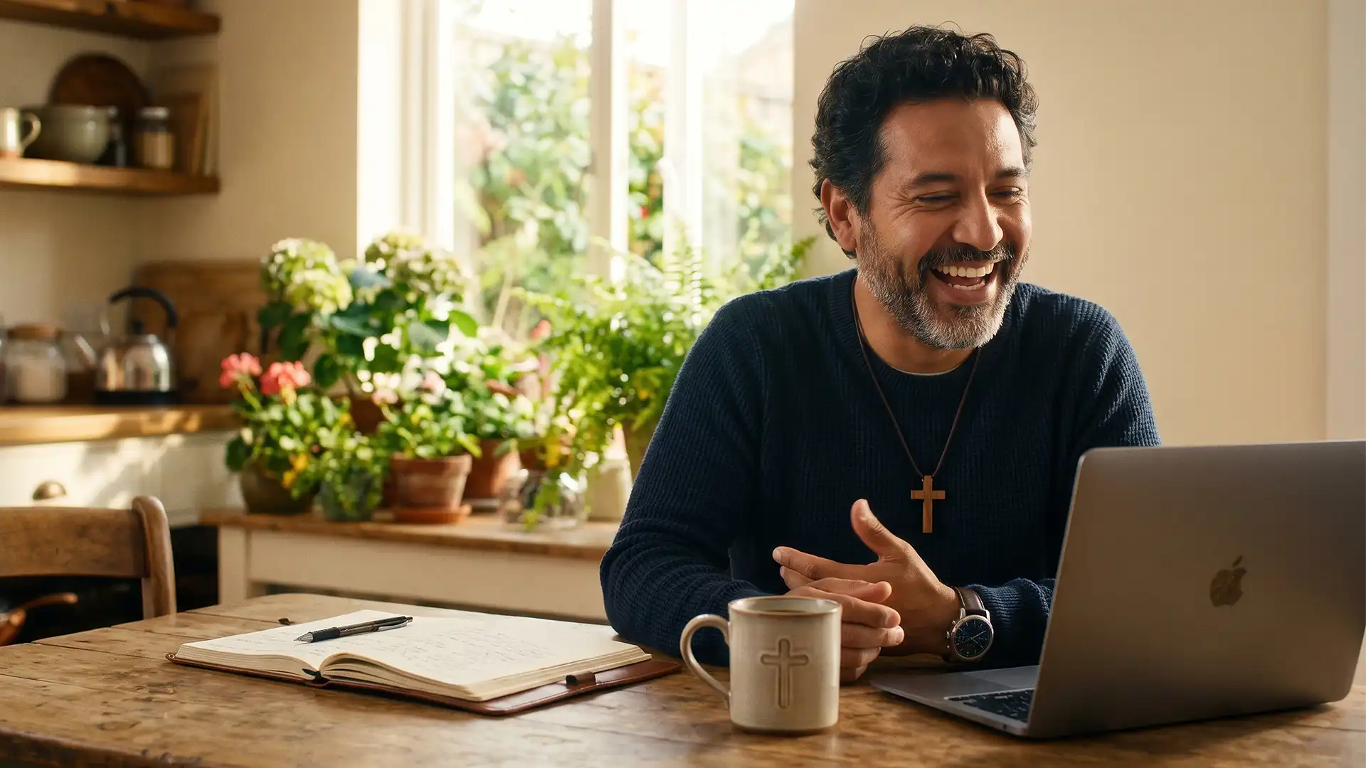 A man with a beard wearing a cross necklace smiling and laughing during an online personal development coaching session on his laptop at a sunlit wooden kitchen table with a notebook and a cross-themed mug.