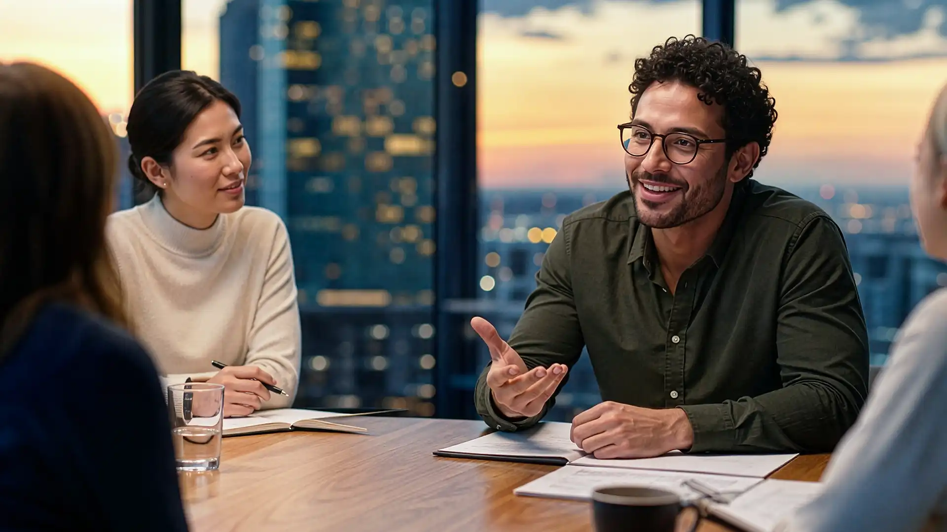 A diverse group of professionals engaged in an uplifting and collaborative nRecovery coaching session in a modern office setting at sunset.