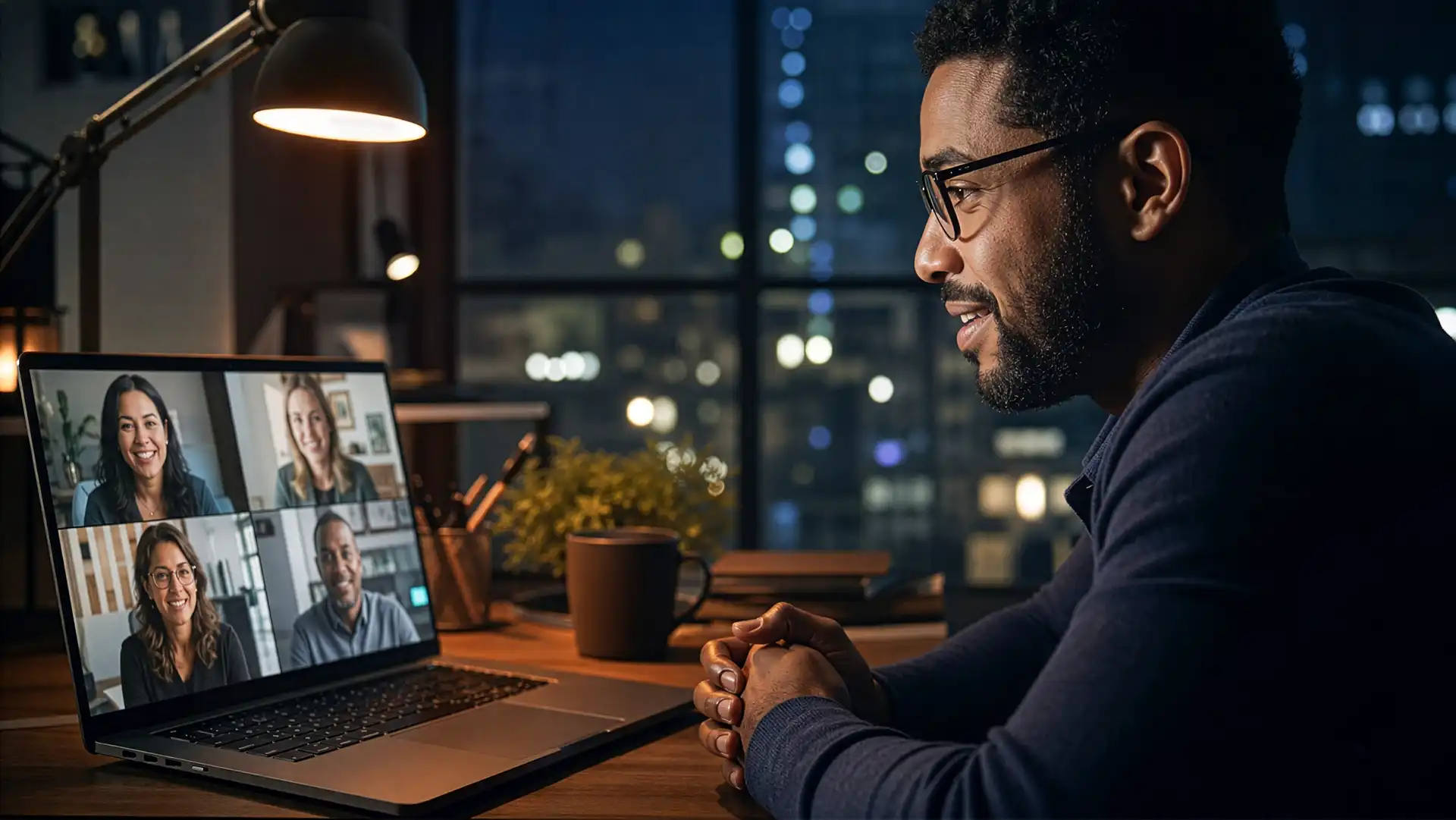 A man participating in a virtual nRecovery coaching session on his laptop, connecting with a supportive group of people in a video conference.
