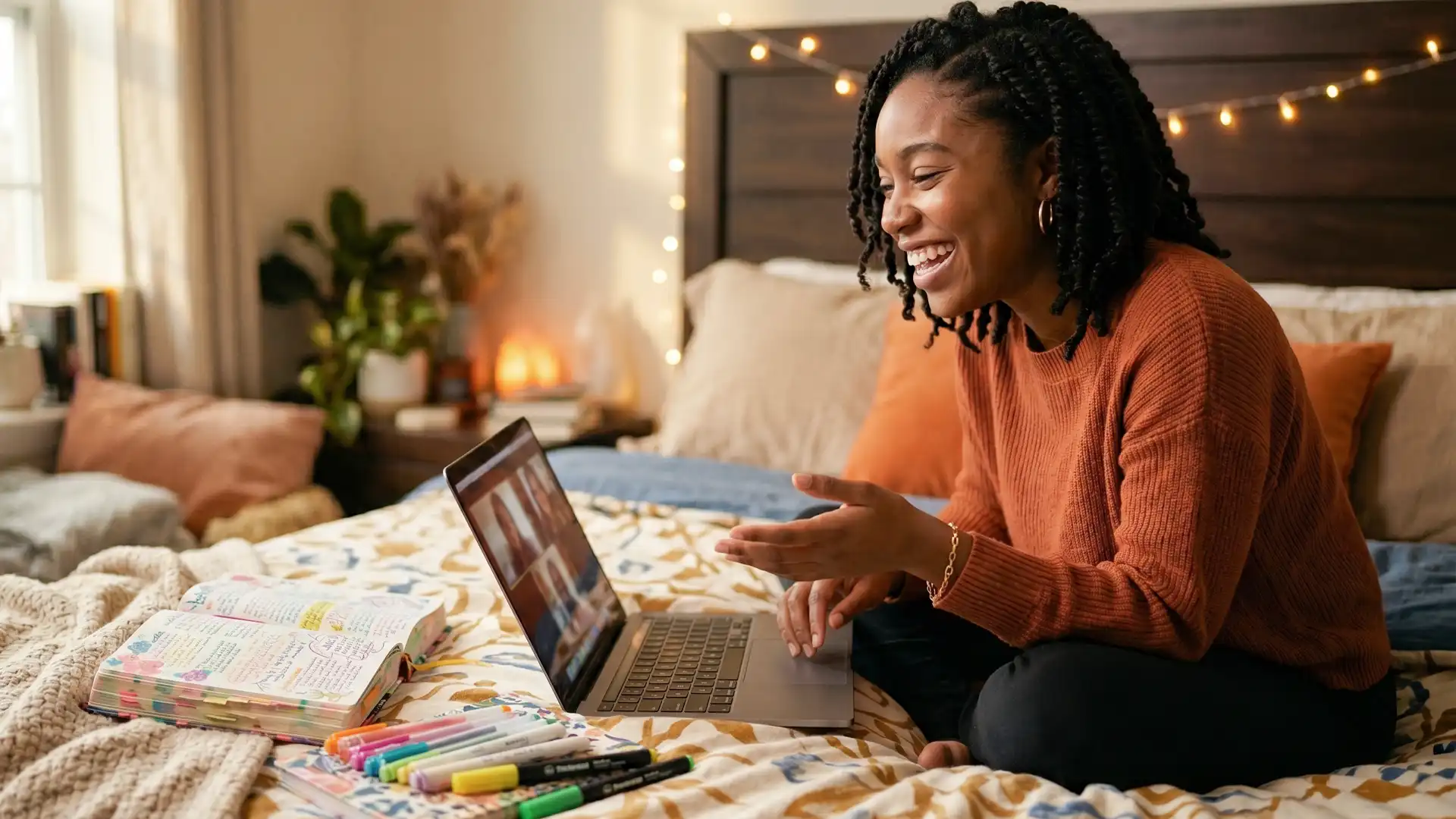 a young woman laughing while video chatting on her laptop in a cozy bedroom, with a journal and markers nearby, representing an nrecovery online coaching or support session