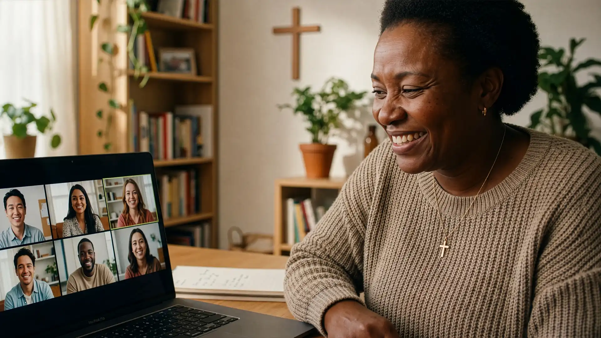 A diverse group of individuals connecting through an online faith-based support pod, sharing encouragement and building intentional community together.