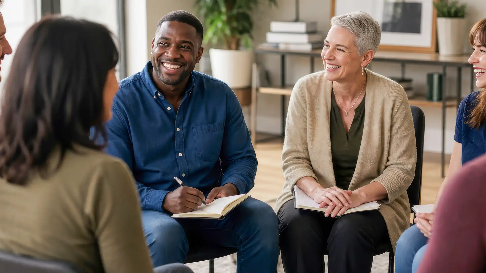 Diverse group of adults smiling and talking during a personal development support group session with notebooks in a bright, modern meeting room.